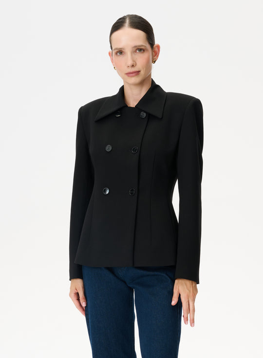 Black double-breasted knit blazer with a defined waist - Clavel