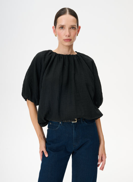 Black shirred T-shirt with a bubble hem - Como
