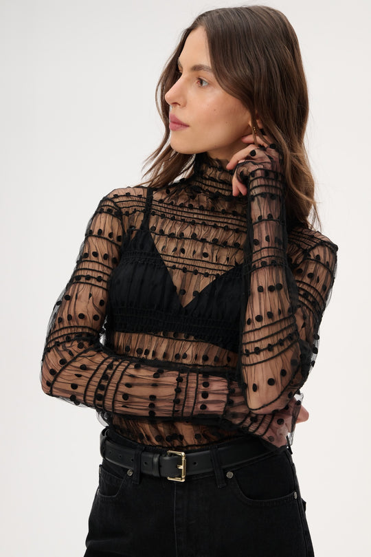 High-neck blouse made of thin mesh with ruching - Lily