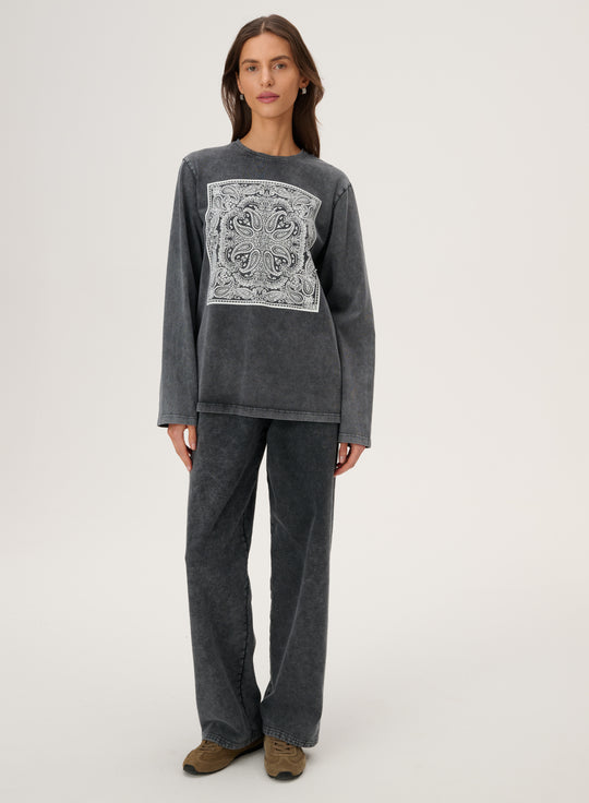 Grey knitted long-sleeve T-shirt with a bandana print - Nero