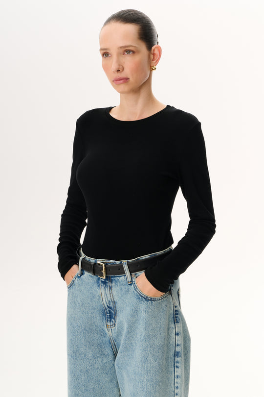 Black stretchy knit long-sleeve top - Cherry