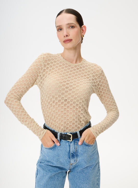 Longsleeve z elastycznej dzianiny ze strukturą w kolorze beżowym-  Faro