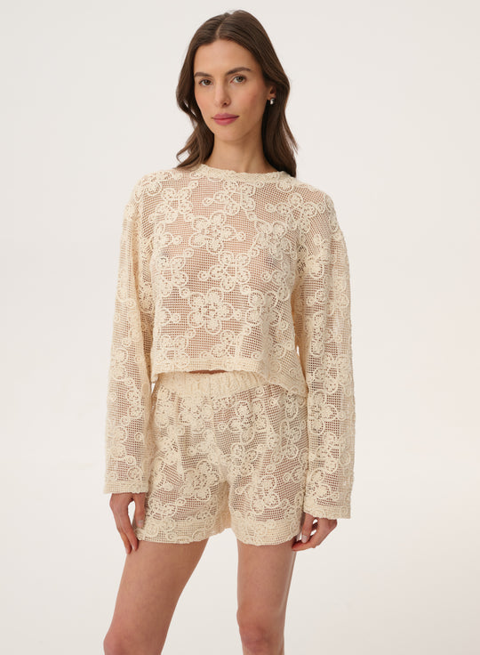 Ecru cotton shorts with a loose fit from mesh knit fabric - Ferro