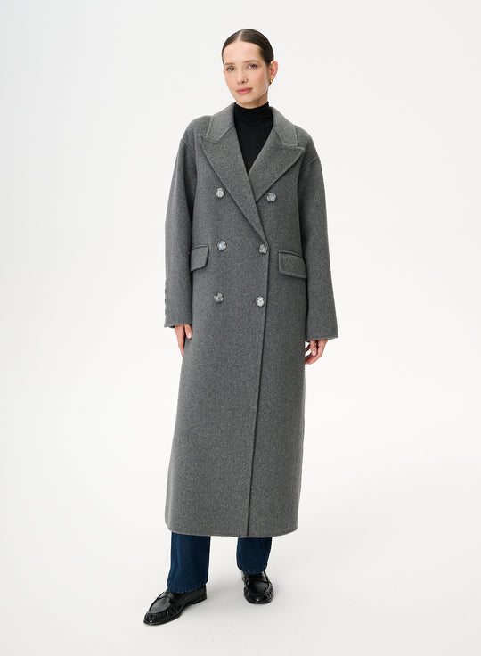 Maxi coat in virgin wool with double-breasted fastening grey - Joel