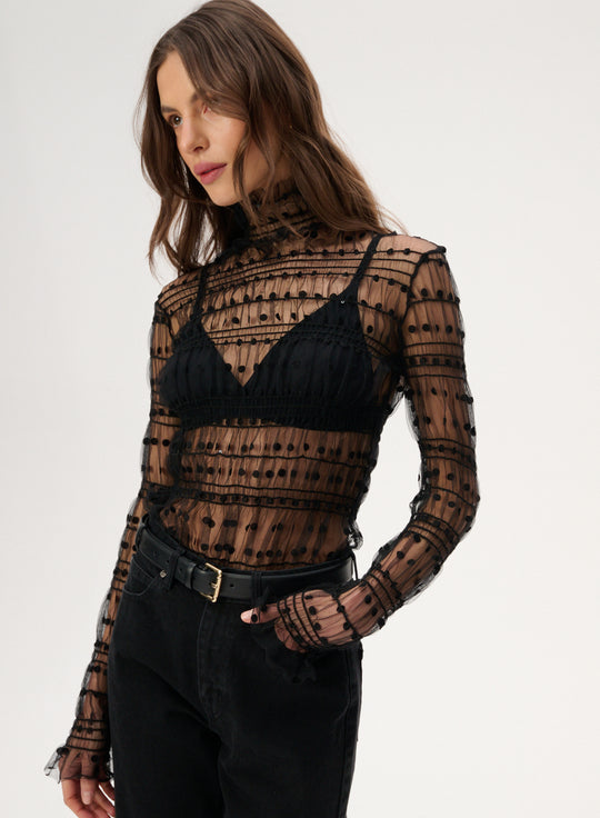 High-neck blouse made of thin mesh with ruching - Lily