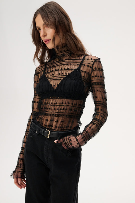 High-neck blouse made of thin mesh with ruching - Lily