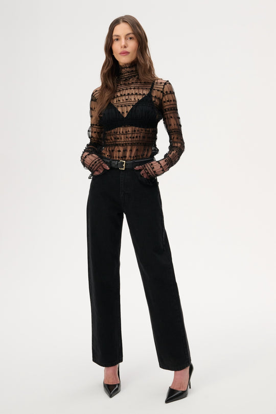 High-neck blouse made of thin mesh with ruching - Lily