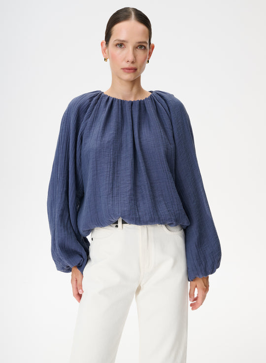 Blue balloon-style blouse in gathered fabric - Lugano