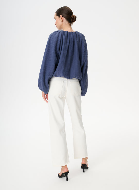 Blue balloon-style blouse in gathered fabric - Lugano