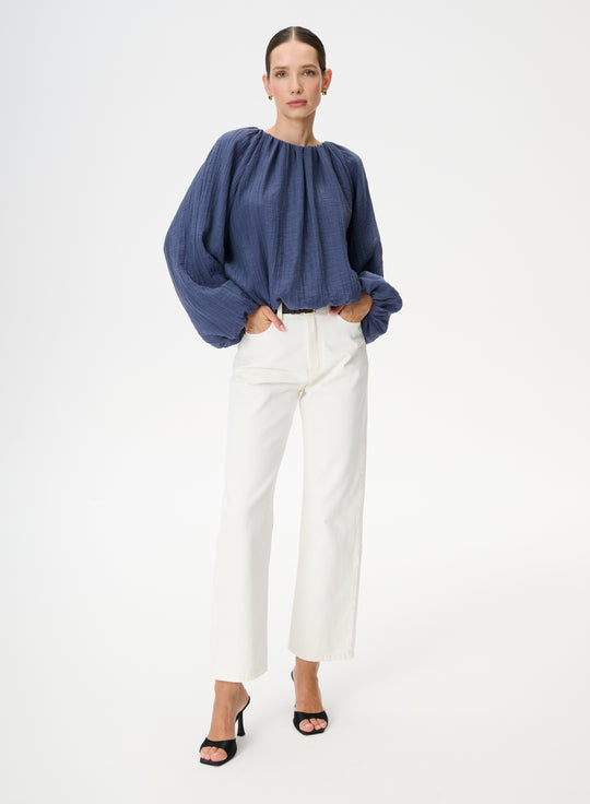 Blue balloon-style blouse in gathered fabric - Lugano