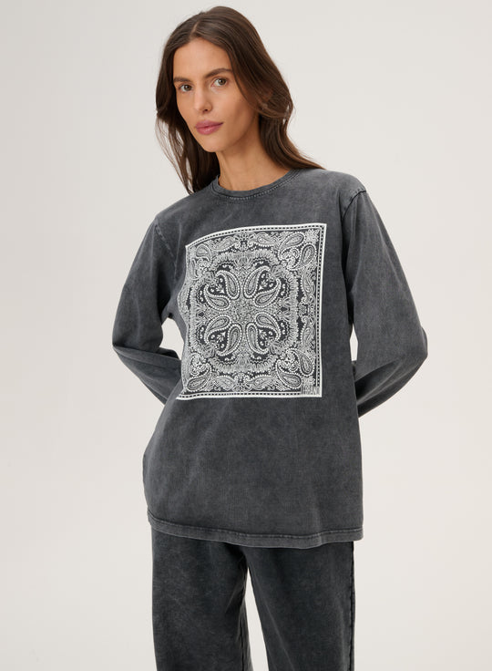 Grey knitted long-sleeve T-shirt with a bandana print - Nero