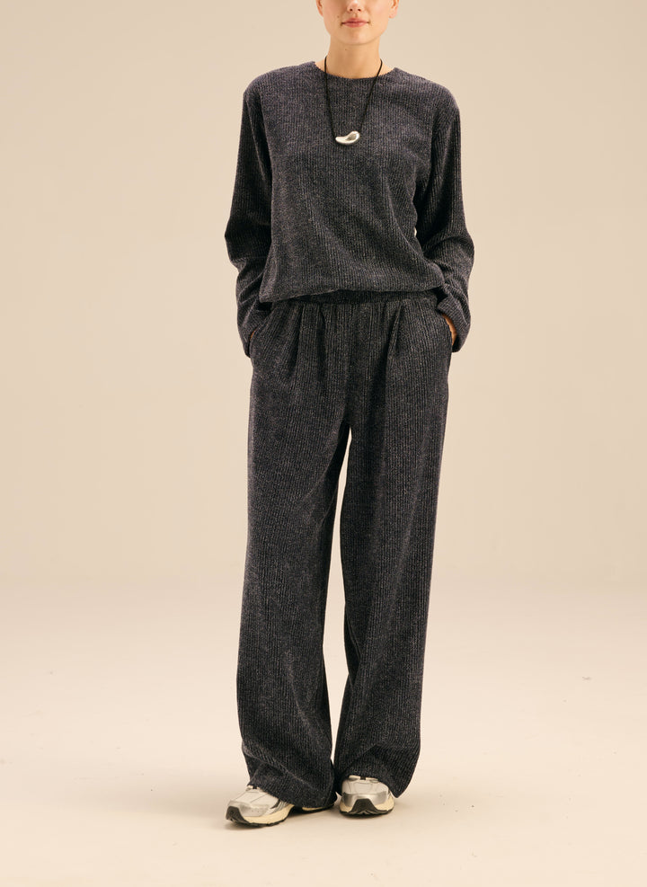 Spodnie z granatowego weluru z szeroką nogawką i elastyczną talią - Franco