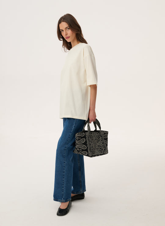 Torba mini typu shopper czarna z printem - Mia